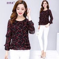 欧偲麦  雪纺衫女长袖2019春季衬衫女士打底衫女小衫女修身显瘦时尚百搭印花韩版 DLTS-J19120 红色 2XL