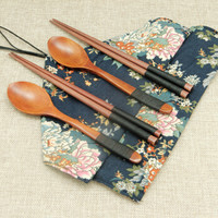 竹木本记筷子勺子筷勺套装学生旅行日式便携式日本餐具牡丹2套装