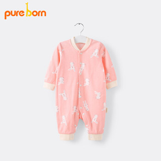 pureborn婴儿衣服连体衣女婴幼儿衣服男宝宝爬服长袖棉哈衣连身衣 粉色小白兔満印 6-9个月