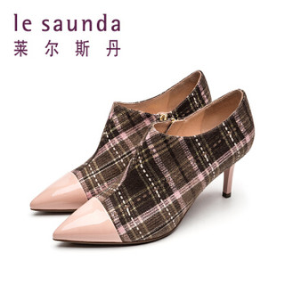 莱尔斯丹 le saunda 时尚休闲尖头拉链拼色格子纹高跟女脚踝短靴 LS 9T67001 粉棕色织物/粉色牛皮革 38