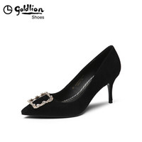 金利来（goldlion）女士尖头气质韩版水钻方扣细高跟单鞋69683002401M-黑色-38码