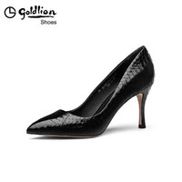金利来（goldlion）女士蛇皮尖头时尚韩版性感浅口细高跟单鞋8187004010-黑色-39码