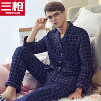 三枪(THREEGUN)家居服男睡衣秋冬新品暖棉格纹翻领开襟加厚保暖男居家套装 男款深藏青 3XL