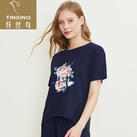 纤丝鸟TINSINO女士印花半袖衫清爽竹棉系列 春夏圆领亲肤透气T恤单条装 藏蓝色 XL(170/100)