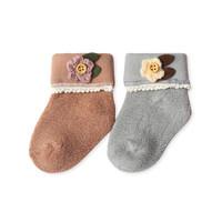 馨颂婴儿袜子两双装秋冬女宝宝毛圈袜可爱家居袜子套装 棕灰 M(1-2岁)