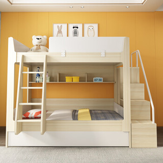 木居华府 儿童床高低床上下双层床铺储物母子床(高低床+梯柜+上下床垫 1.2米)