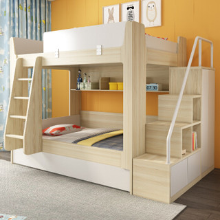 木居华府 儿童床高低床上下双层床铺储物母子床(高低床+梯柜+上下床垫 1.2米)