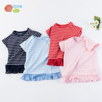 贝贝怡2019夏季海军风女童条纹短袖T恤拼接花边女宝宝上衣192S2039 藏青 80cm(建议身高73-80CM)