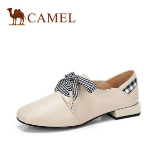 骆驼（CAMEL） 女士 可爱甜美格纹系带方头单鞋 A910076123 米白 37