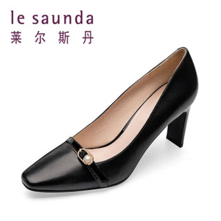 莱尔斯丹 le saunda 时尚豹纹珍珠饰物方头套脚高跟女单鞋 LS 9T80102 黑色 36