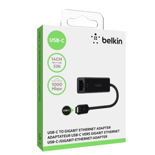 贝尔金（BELKIN）USB-C/Type-C转RJ-45千兆以太网适配器连接稳定连贯不中断高速下载网口转换器15厘米黑色