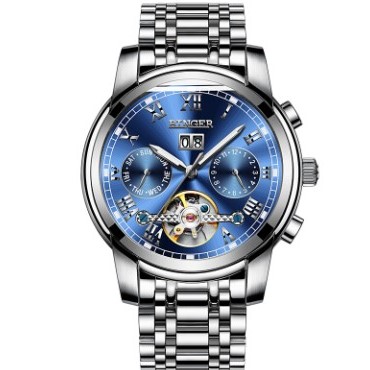 宾格（BINGER）手表男机械表全自动镂空腕表防水夜光 8601钢蓝
