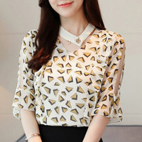 米兰茵（MILANYIN）短袖女装2019秋季新款潮韩版雪纺衫上衣服女衬衫百搭小衫 MLYH669 黄色 M