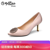 金利来（goldlion）女士尖头细高跟轻奢范水钻扣饰浅口单婚鞋8195021220-杏色-37码