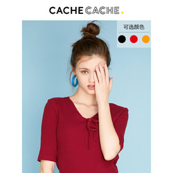 cachecache红色v领t恤女2020春款上衣短款针织短袖小众修身打底衫