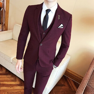 北极绒（Bejirong）西服套装男 2019新款韩版修身英伦绅士时尚服套装男 C209-W7017 酒红色 L