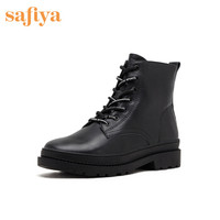 索菲娅女鞋（Safiya）圆头低平跟系带马丁靴女靴 黑色 36