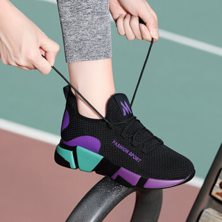 莱卡金顿 LAIKAJINDUN 女士韩版时尚百搭系带拼色运动跑步休闲鞋 6571-1 紫色（加绒） 37