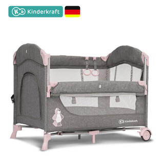 KinderKraft 婴儿床多功能可折叠宝宝床便携式游戏床儿童床bb床可拼接 粉色+蚊帐+固定带+拉环