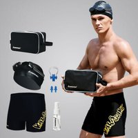 川崎 KAWASAKI 全能泳裤泳镜泳帽收纳包防雾剂豪华六件套组 时尚大气游泳装备 平角套装经典 K-011 黑 XL