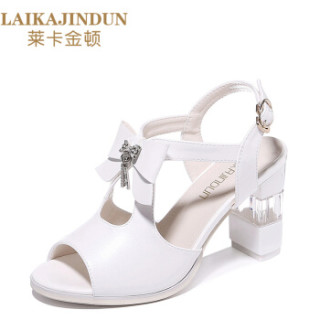 莱卡金顿 LAIKAJINDUN 鱼嘴粗跟浅口蝴蝶结水钻防水台女凉鞋 6488 白色 37