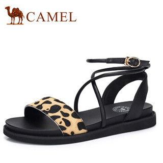 骆驼（CAMEL） 女士 休闲个性马毛豹纹交织系带低跟凉鞋 A92893656 黑色 35