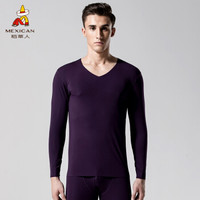 稻草人秋衣秋裤男士无痕棉毛裤弹力修身莫代尔V领薄款保暖内衣套装85977 深紫-男 XXL