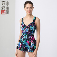 弈姿女士泳衣 女 大码保守连体裙式游泳衣 女 遮肚显瘦温泉泳衣泳装 EZI18W105 黑底大花 M