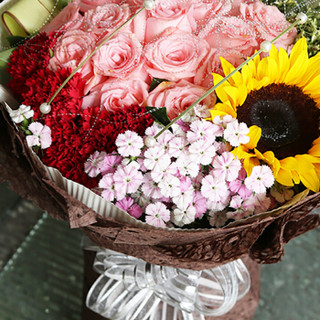 花美家鲜花 19朵粉玫瑰花向日葵混搭花束 生日礼物 鲜花速递 同城送花 全国花店配送上门