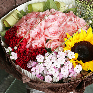 花美家鲜花 19朵粉玫瑰花向日葵混搭花束 生日礼物 鲜花速递 同城送花 全国花店配送上门