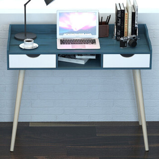 木以成居 电脑桌台式家用 北欧简约实木腿书桌办公桌带抽屉 仿实木蓝+白色LY-4130