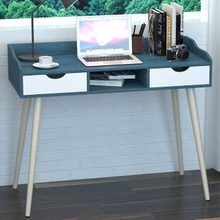 木以成居 电脑桌台式家用 北欧简约实木腿书桌办公桌带抽屉 仿实木蓝+白色LY-4130
