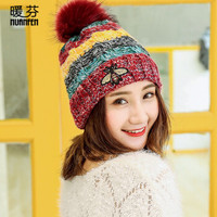 暖芬（NuanFen）帽子女冬季新款时尚混色小蜜蜂加绒针织保暖毛线帽子 CM3104C 酒红条