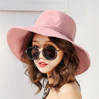 MAXVIVI 遮阳帽女 夏季户外宽檐大沿帽可折叠布帽配有防风绳WMZ823005 粉色
