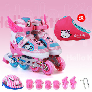 凯蒂猫(hellokitty)儿童溜冰鞋全闪光轮滑鞋套装 轮滑包可调旱冰鞋HCB71250-8-1粉色31-34