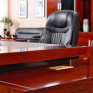 中伟老板桌总裁桌大班台办公桌油漆实木贴皮经理桌2.8米+8门书柜+椅子