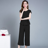 欧偲麦 女装短袖雪纺衫女2019夏季新品套装女洋气雪纺上衣+阔腿裤两件套潮 SH-18A1050A 黑色 3XL