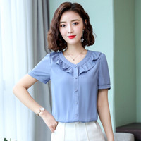 欧偲麦 短袖雪纺衫女新品上衣2019夏新品女装夏季衬衫女士衬衣显瘦V领新款SZWY-19A33900 蓝色 M