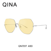 亓那(QINA)太阳镜女 金属半框太阳镜潮人墨镜眼镜女QN7017 A90镜框亮银色|镜片透黄色