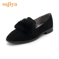 索菲娅（Safiya）专柜同款绒面牛皮舒适圆头低跟浅口毛毛单鞋女SF83112056 黑色 38
