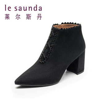 莱尔斯丹 le saunda 商场同款时尚优雅尖头侧拉链高跟女脚踝短靴 LS 9T82001 黑色 37