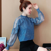 米兰茵 MILANYIN 2019新款宽松百搭立领荷叶边蕾丝衫小衫潮 MLYH547 蓝色 L