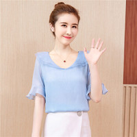 曼如芬 洋气雪纺小衫女 夏装新款韩版喇叭袖显瘦很仙的百搭上衣 XRSS9118 蓝色 2XL