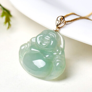 漫生活 翡翠玉佛金镶玉吊坠女18k金镶油青翡翠弥勒佛玉坠