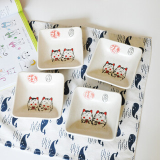萌可日式餐具陶瓷手绘创意招财猫卡通方形小吃碟调味碟4英寸4只碟子套装