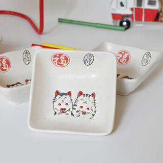 萌可日式餐具陶瓷手绘创意招财猫卡通方形小吃碟调味碟4英寸4只碟子套装