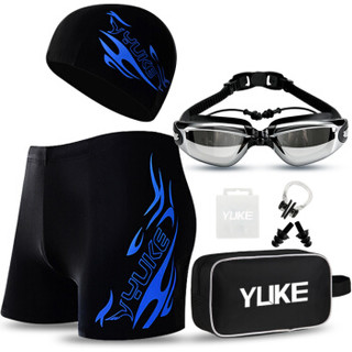 羽克 Yuke 男士游泳套装泳帽泳裤泳镜五件套 蓝色火焰升级款 平镜泳镜XXL码套装 平镜 XXL