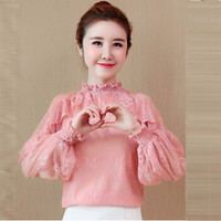米兰茵 MILANYIN 2019新款宽松百搭立领荷叶边蕾丝衫小衫潮 MLYH547 粉红色 L