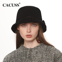 CACUSS L0127帽子女秋冬季韩版纯色时尚羊毛毛呢盆帽蝴蝶结优雅礼帽 黑色