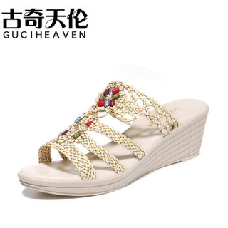 古奇天伦 GUCIHEAVEN 露趾坡跟凉拖编织设计时尚一字防水台女鞋 9533 米色 39